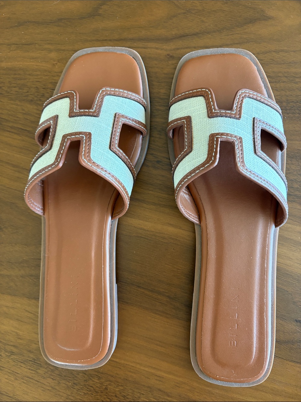 Leather-Trim Slide Sandals in brown and tan